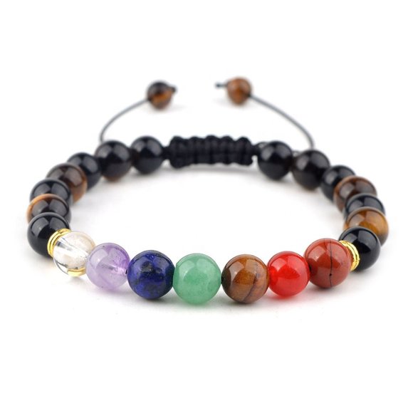 Tiger Eye Bracelet with Rainbow Obsidian Seven Stone Chakra 8 MM - Picture 1 of 4